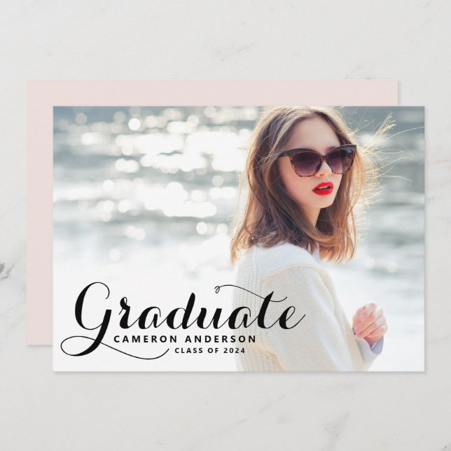 White Whimsicla Script Photo Graduation Party Invitation (Front/Back)