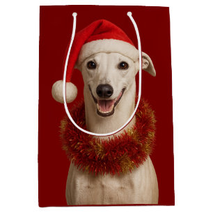 White whippet in Santa hat Christmas  Medium Gift Bag