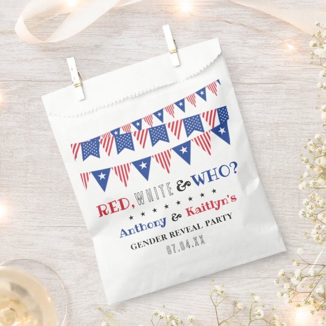 White & Who? 4th Of July Gender Reveal Party Favour Bags (Clipped)