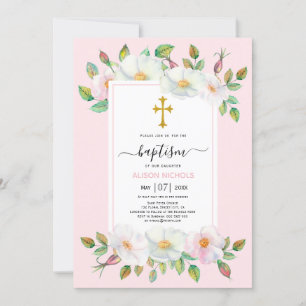 White wild dog rose blush pink floral Baptism  Invitation