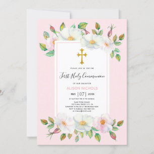 White wild dog rose floral blush First Communion Invitation