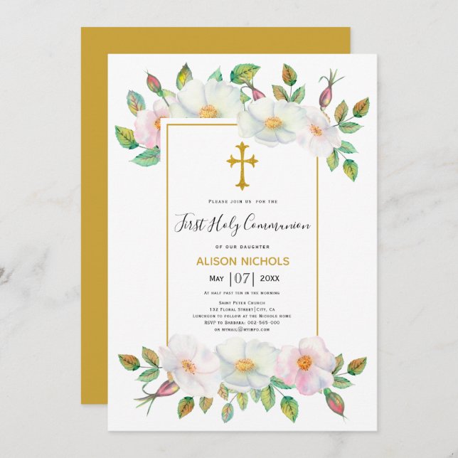 White wild dog rose gold floral First Communion I Invitation (Front/Back)
