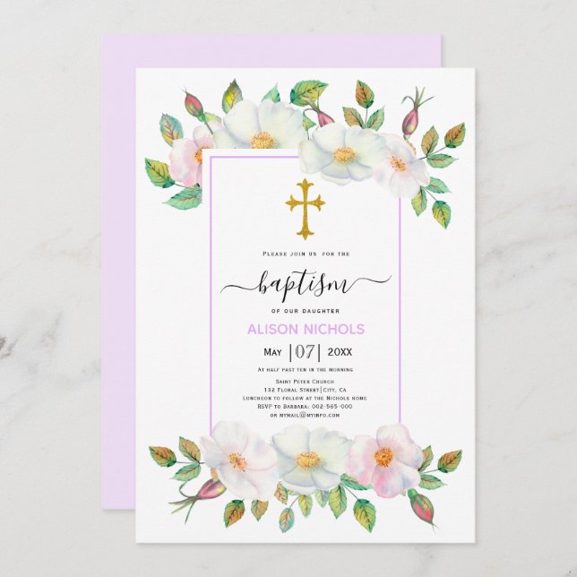 White wild dog roses lavender floral Baptism  Invitation (Front/Back)