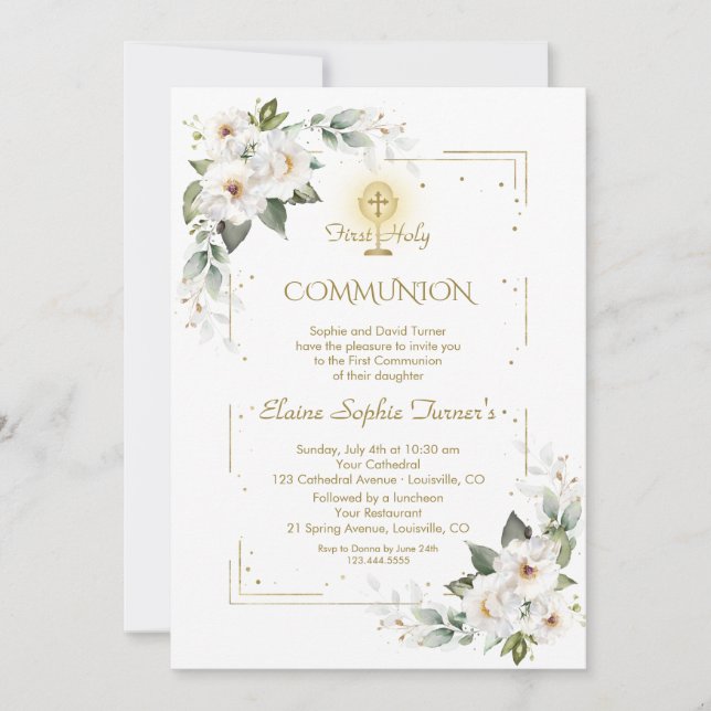 White Wild Roses Gold Glitter First Holy Communion Invitation (Front)
