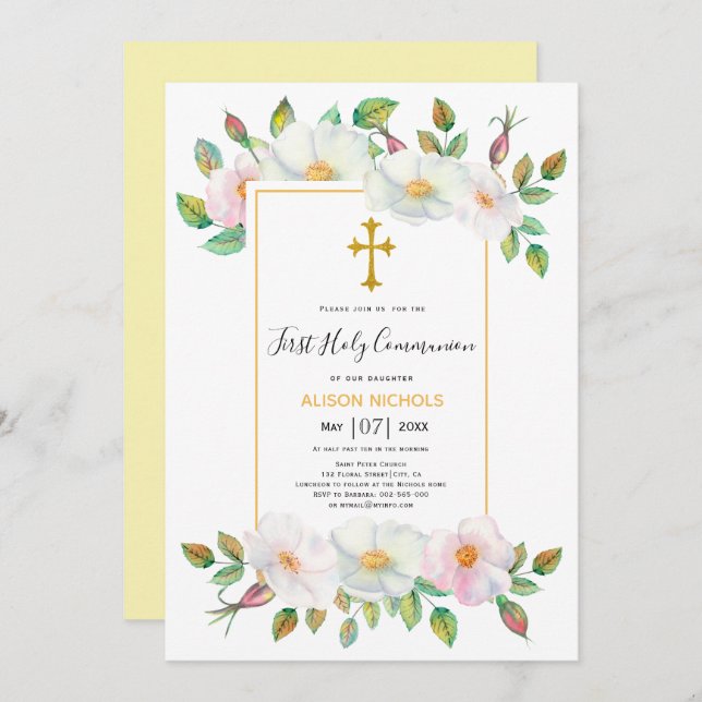 White wild roses yellow floral First Communion  Invitation (Front/Back)