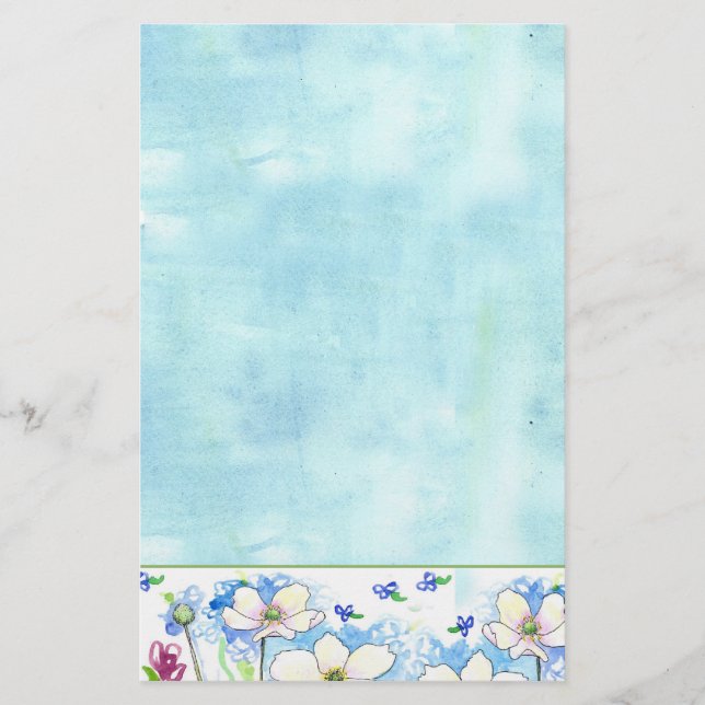 White Wildflower Blue Watercolor Wash Stationery (Front)