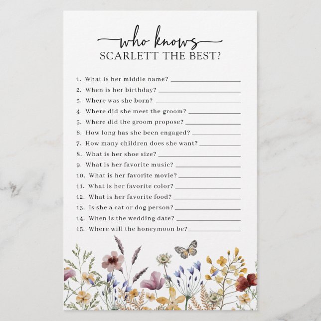 White Wildflower Bridal Shower Game (Front)