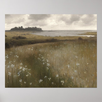 White wildflower meadow painting - vintage poster