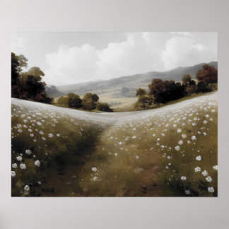 White wildflower meadow painting vintage poster