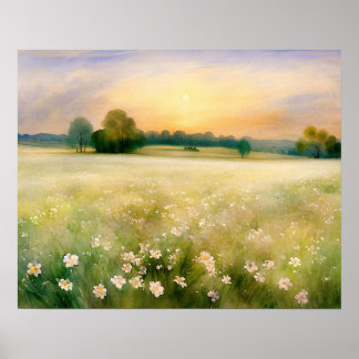 White wildflower meadow painting - vintage poster