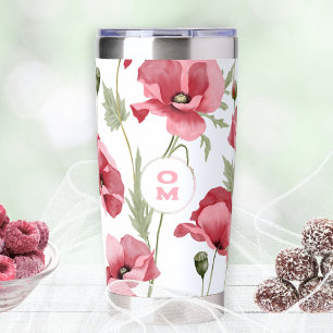 White Wildflower Monogram Pink Poppy Romantic Insulated Tumbler