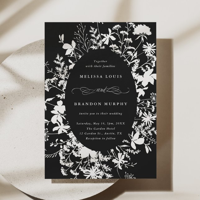 White Wildflower Silhouette Wedding Black Invitation (Creator Uploaded)
