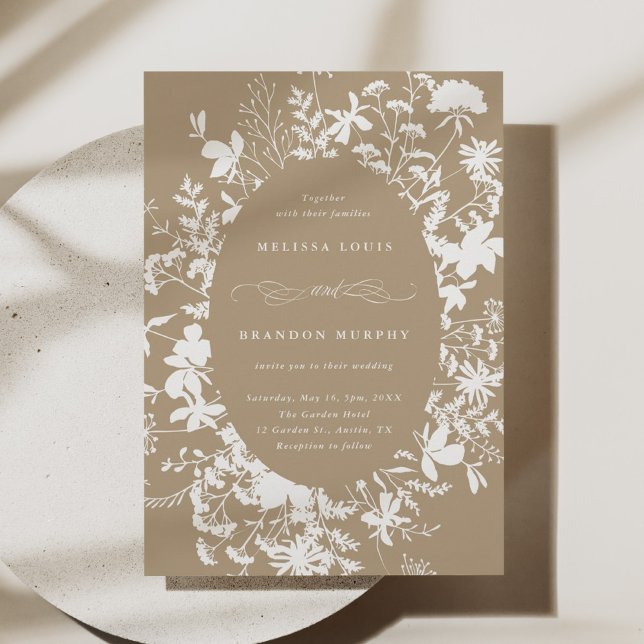 White Wildflower Silhouette Wedding Tan Invitation (Creator Uploaded)