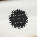 White Wildflower Wreath Silhouette Wedding Black  Classic Round Sticker<br><div class="desc">This elegant wedding sticker features wildflowers silhouette as a wreath with your names. For more advanced customisation of this design,  please click the BLUE DESIGN TOOL BUTTON above!  Matching items are also available.</div>
