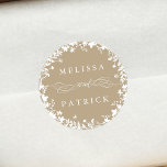 White Wildflower Wreath Silhouette Wedding Tan Classic Round Sticker<br><div class="desc">This elegant wedding sticker features wildflowers silhouette as a wreath with your names. For more advanced customisation of this design,  please click the BLUE DESIGN TOOL BUTTON above!  Matching items are also available.</div>