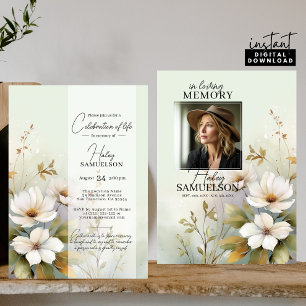 White Wildflowers Celebration of Life   PHOTO Invitation
