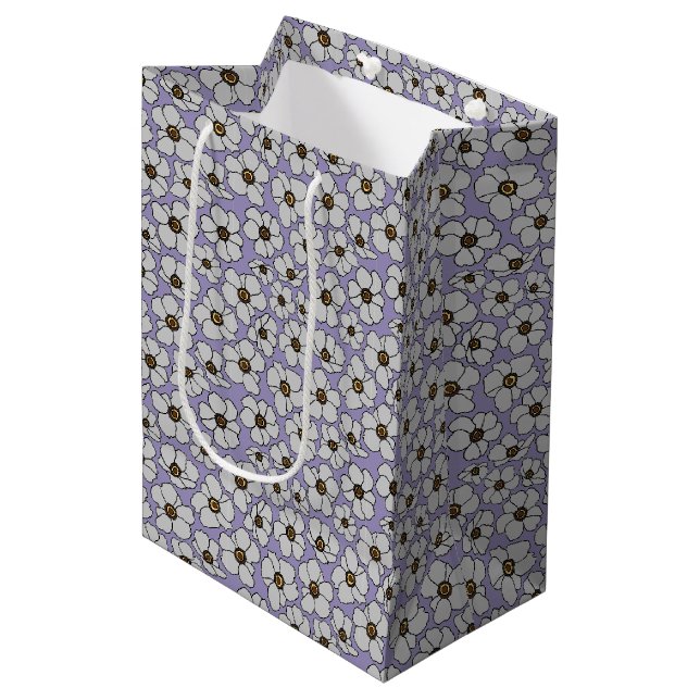 White Wildflowers on Lavender Medium Gift Bag (Front Angled)