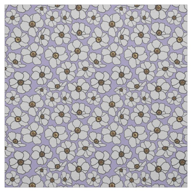 White Windflower Anemones On Lavender  Fabric (Swatch)
