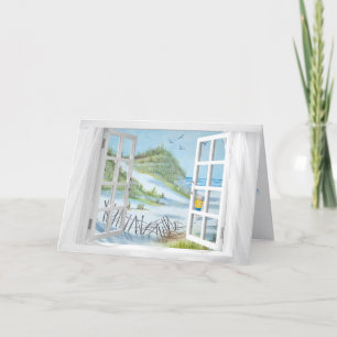 white window with ocean seashore birthday card