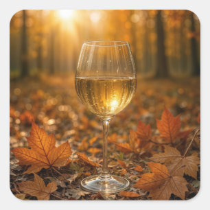 White Wine Glass In Autumn Maple Leaves Square Sticker