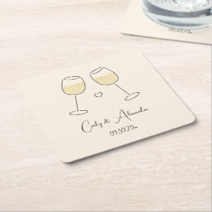 White Wine Glass Wedding Engagement Anniversary Square Paper Coaster