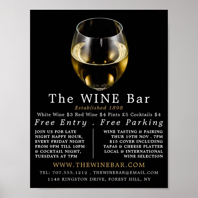 White Wine Glass, Wine Bar/Winery Advertising Poster (Front)