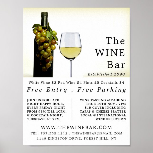 White Wine & Grapes, Wine Bar/Winery Advertising Poster (Front)