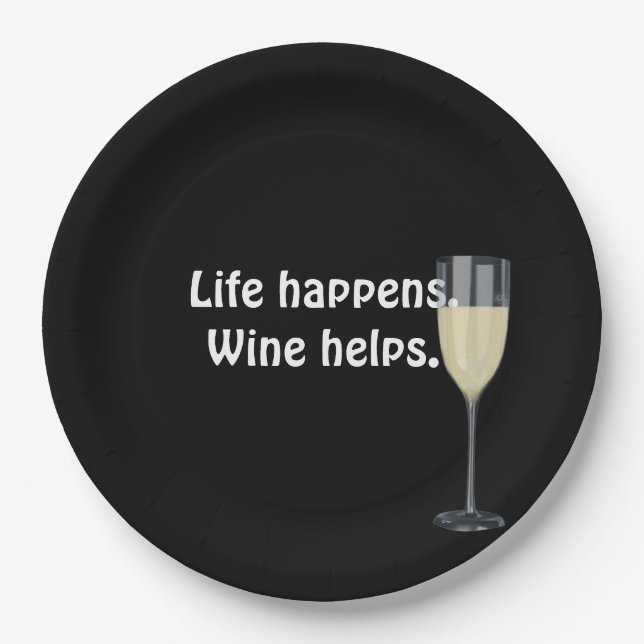 white wine with quote on black paper plate (Front)