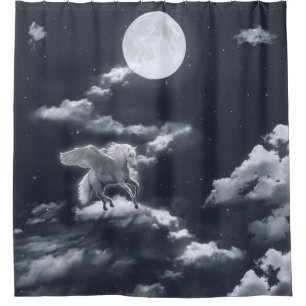 White winged horse: moonlit sky. shower curtain
