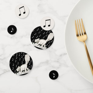 White Winking Cat on Piano Music Notes Confetti