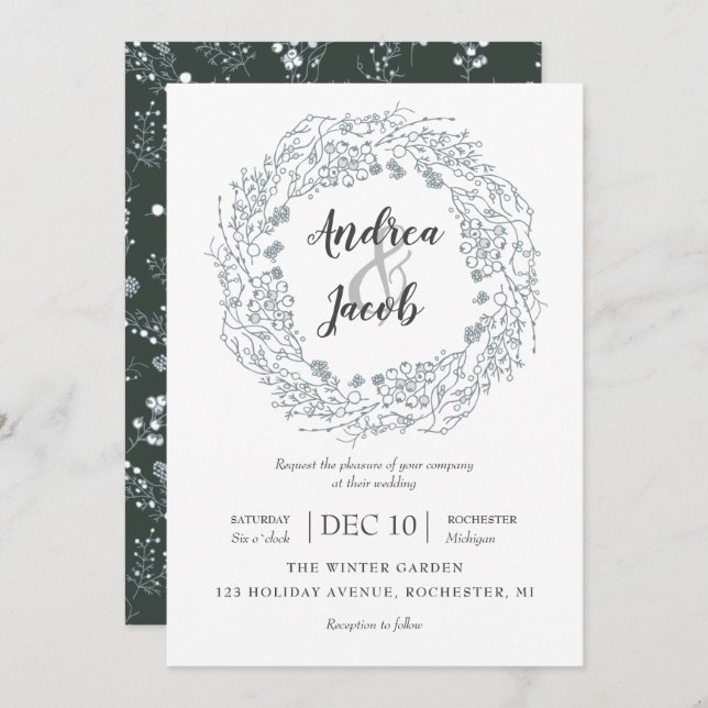 White winter Berries wreath wedding Invitation (Front/Back)
