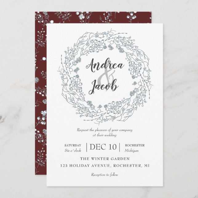 White winter Berries wreath wedding Invitation (Front/Back)