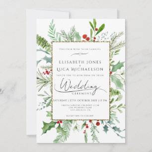 White Winter Berry Leaf Botanical Monogram Wedding Invitation