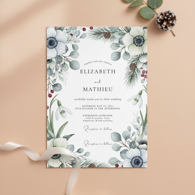 White Winter Botanical Romance Wedding Invitation (Creator Uploaded)
