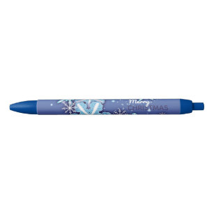 White Winter Crystal Ornate Snowflakes On Blue  Black Ink Pen