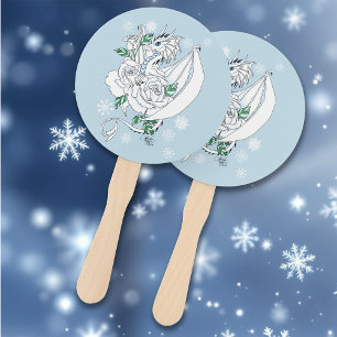 White Winter Dragon Snowflakes Blue Hand Fan