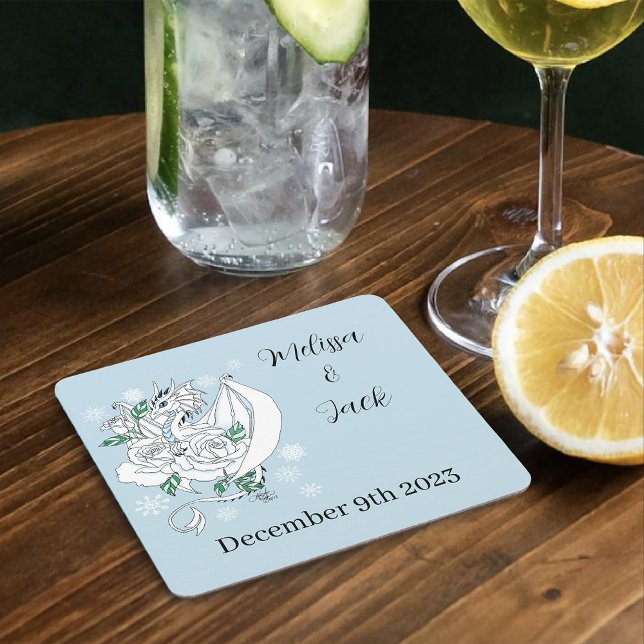 White Winter Dragon Wedding Square Paper Coaster (Creator Uploaded)