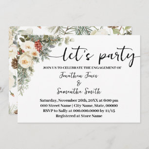 White Winter Floral Let's Party Engagement Invitation