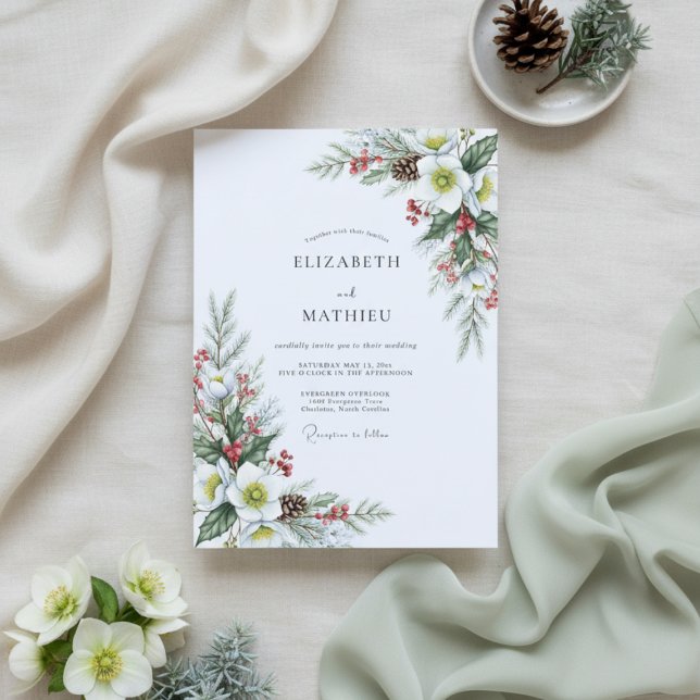 White Winter Floral Romance Wedding Invitation (Creator Uploaded)