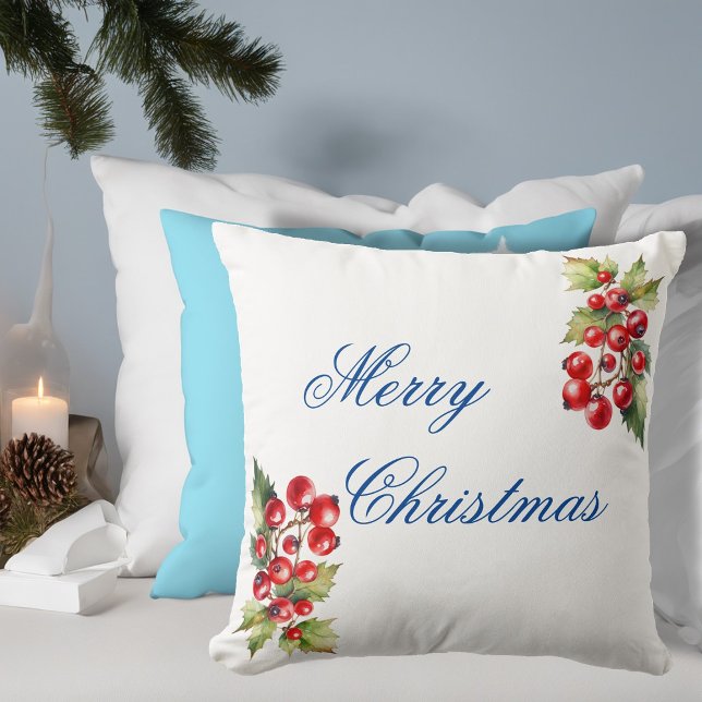 White Winter Holly Berries Merry Christmas Cushion (Creator Uploaded)