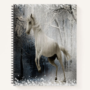 White Winter Horse In Mountain Forest  Notebook