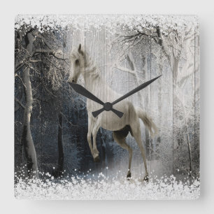 White Winter Horse In Mountain Forest Square Wall Clock