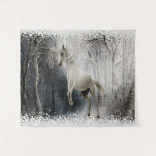 White Winter Horse In Mountain Forest Tapestry