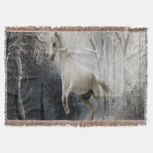 White Winter Horse In Mountain Forest Throw Blanket