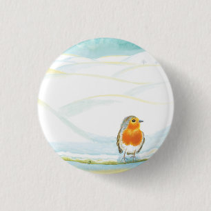 White Winter Landscape Illustration With Robin 3 Cm Round Badge