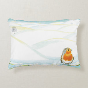 White Winter Landscape Illustration With Robin Decorative Cushion
