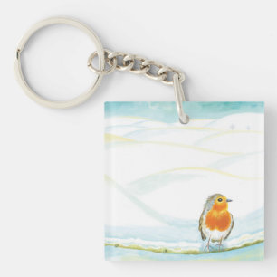 White Winter Landscape Illustration With Robin  Key Ring