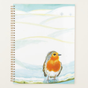 White Winter Landscape Illustration With Robin Planner