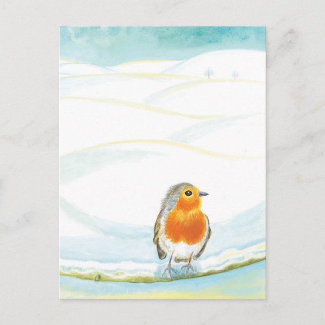 White Winter Landscape Illustration With Robin  Postcard (Front)