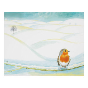 White Winter Landscape Illustration With Robin Poster